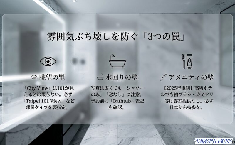 台北カップル旅行で注意したい眺望の壁、水回りの壁、アメニティの壁を整理したスライド