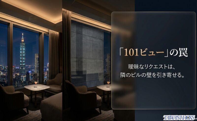 「101ビューの罠：曖昧なリクエストは、隣のビルの壁を引き寄せる」という警告と、窓から壁しか見えないイメージ図が描かれたスライド。