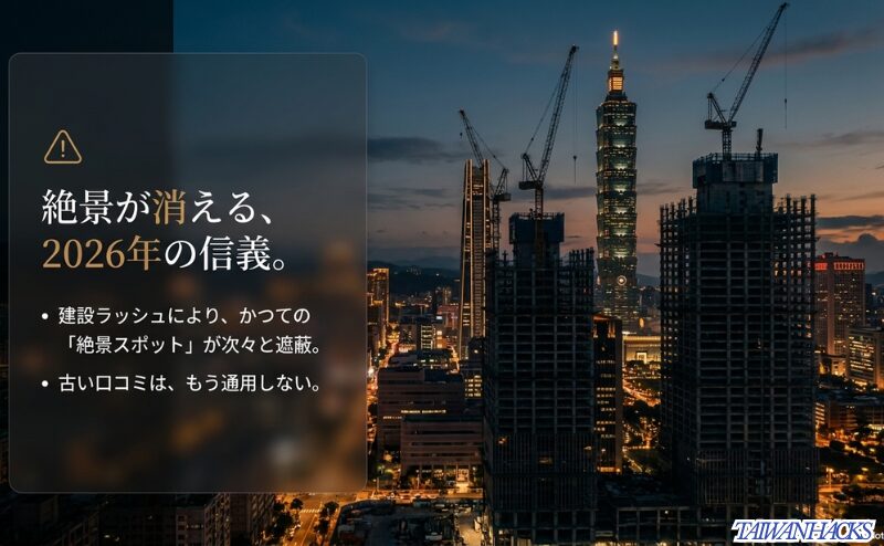 建設ラッシュによりかつての絶景スポットが遮蔽されていること、古い口コミが通用しないことを警告する注意喚起スライド。