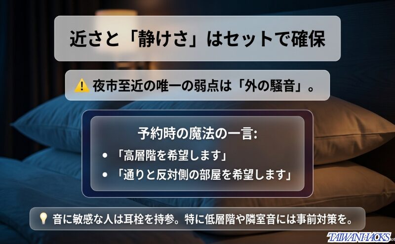 夜市至近の弱点である騒音を回避するための、予約時のリクエスト内容（高層階、通りと反対側）や耳栓持参の推奨。