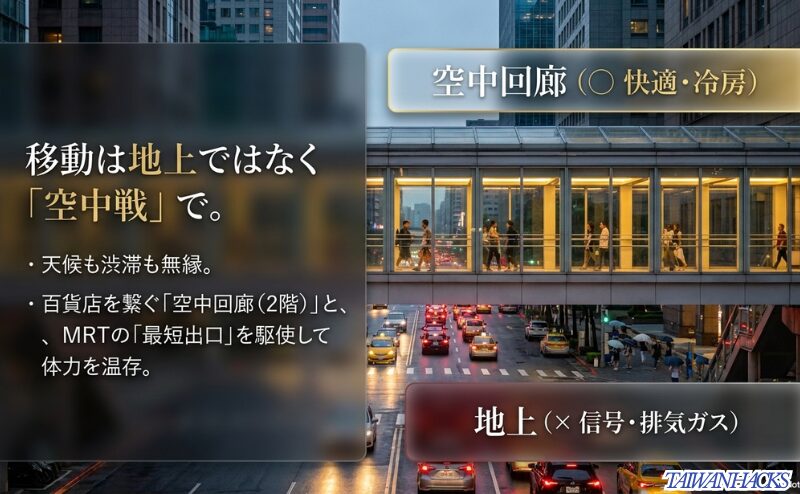 地上の排気ガスや信号を避け、百貨店を繋ぐ快適で冷房の効いた2階の「空中回廊」とMRT最短出口を駆使することを勧めるスライド。