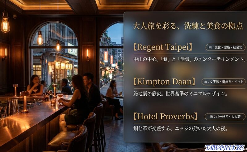 リージェント台北、キンプトン大安、ホテル プロバーブズ台北を、美食、街歩き、バー、デザインの視点で比較した大人旅向けスライド。