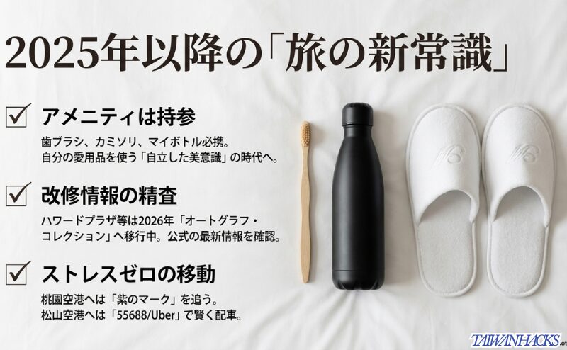 アメニティ持参、改修情報の精査、ストレスゼロの移動(紫のマーク)という、最新情勢に対応するためのチェックリストスライド。