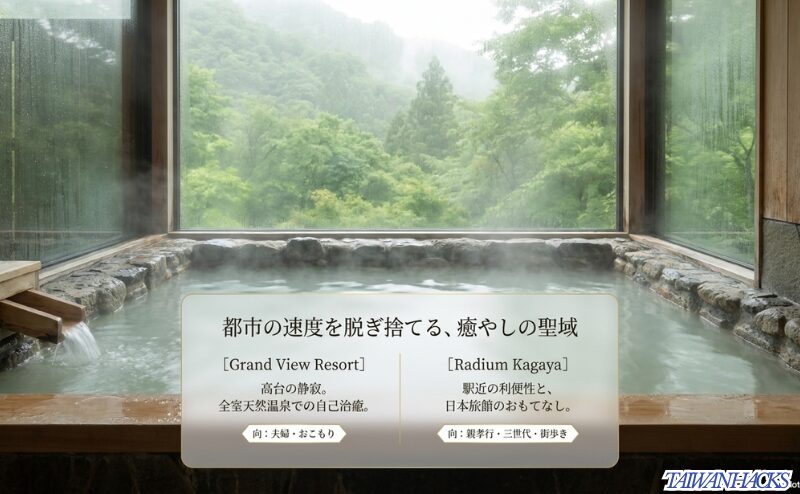 グランドビューリゾート北投とラジウム加賀屋を、高台のおこもり温泉と駅近の日本旅館体験として比較した北投温泉スライド。