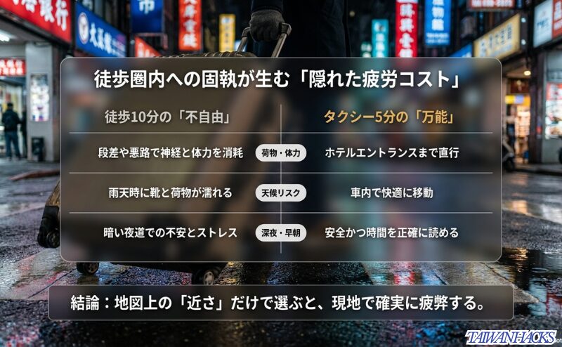 空港から徒歩10分とタクシー5分の比較表。徒歩は段差や悪路での消耗、天候リスク、夜道の不安があるのに対し、タクシーはホテル直行で快適・安全・正確であることを示しています。