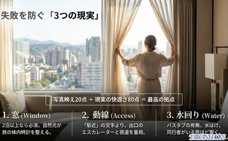 台北のおしゃれホテル選びで確認すべき窓、駅動線、水回りの3つの現実をまとめたスライド