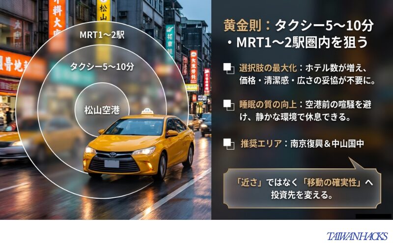 松山空港を中心にタクシー5〜10分、MRT1〜2駅の範囲を推奨する図解。選択肢の最大化、睡眠の質の向上、推奨エリアとして南京復興と中山国中が挙げられています。