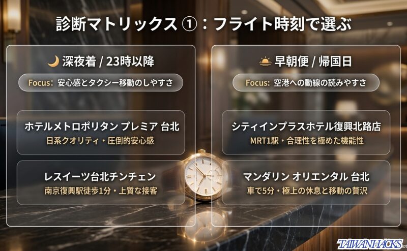 深夜着（23時以降）にはメトロポリタンプレミアやレスイーツ台北、早朝便にはシティインプラスやマンダリンオリエンタルが適していることを示す診断マトリックス。