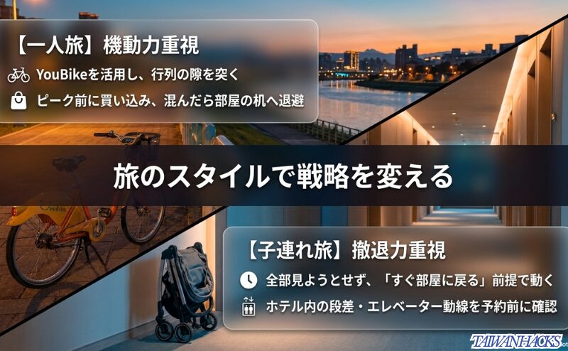 一人旅（機動力・YouBike活用）と子連れ旅（撤退力・ホテル動線確認）それぞれの具体的な夜市攻略ポイントを比較したスライド。