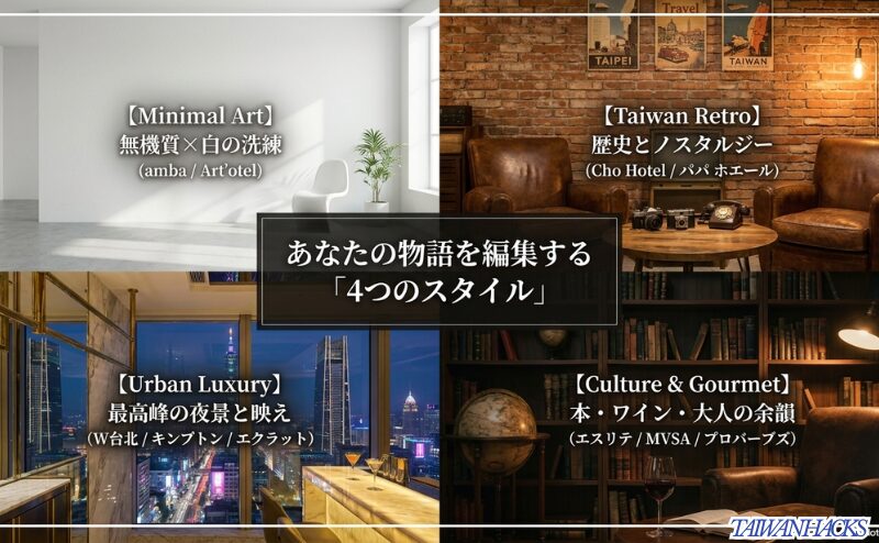台北のおしゃれホテルをミニマルアート、台湾レトロ、アーバンラグジュアリー、カルチャー美食の4系統に分類したスライド