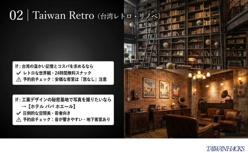 Cho Hotelとホテル パパ ホエールを台湾レトロ・リノベ系ホテルとして比較し、魅力と注意点を示すスライド