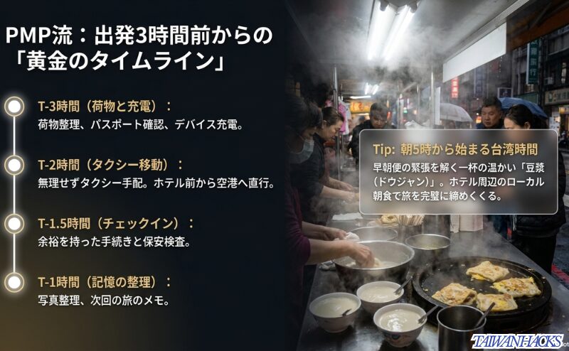 出発3時間前から1時間前までのタスク表。荷物整理、タクシー移動、チェックイン、記憶の整理までの流れと、早朝の豆漿（朝食）を楽しむチップスが記載されています。