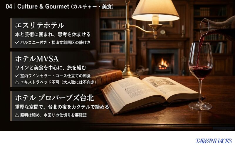 エスリテホテル、ホテルMVSA、ホテル プロバーブズ台北をカルチャーと美食で比較したスライド