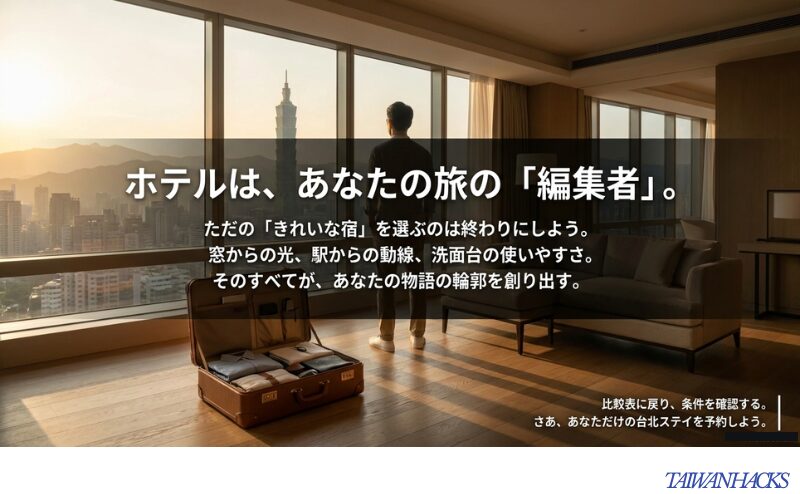 台北ホテル選びは窓の光、駅からの動線、洗面台の使いやすさまで含めて旅を編集するという結論を示すスライド