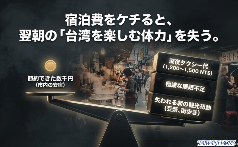 市内の安宿に泊まることで節約できる金額よりも、深夜タクシー代や睡眠不足による翌朝の観光初動の遅れといった損失の方が大きいことを示す比較表。