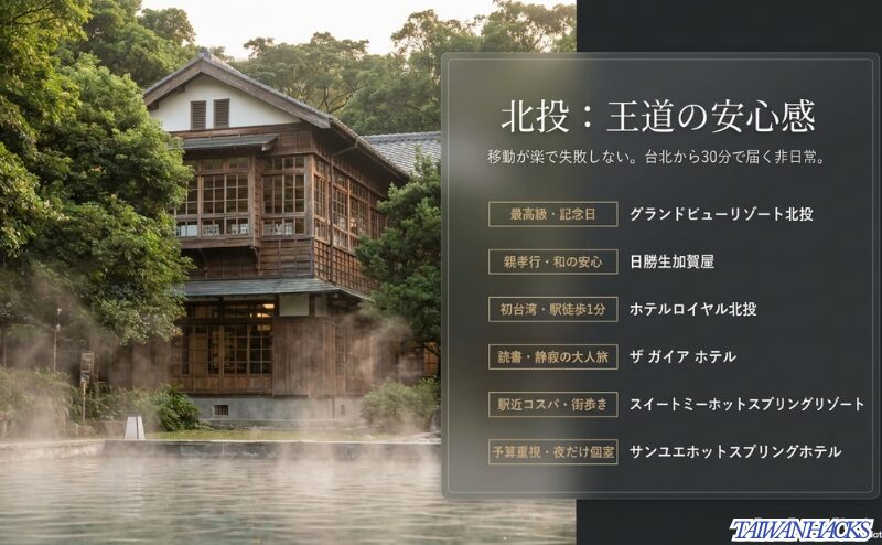 北投は台北から約30分で行ける安心感のある温泉地で、グランドビューリゾート北投、日勝生加賀屋、ホテルロイヤル北投などの選び分けを示すスライド