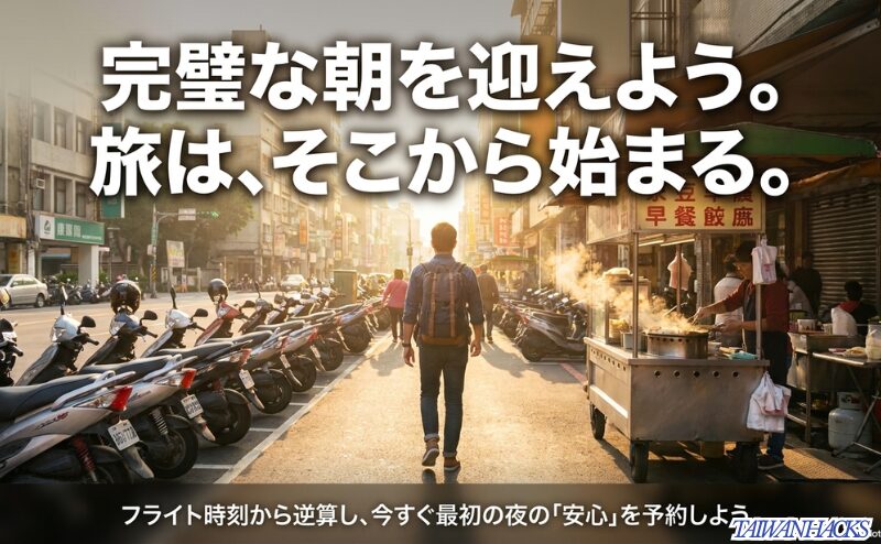 美味しそうな台湾の朝食写真とともに、「完璧な朝を迎えよう。旅は、そこから始まる」というメッセージでフライト時刻からの逆算と予約を促すスライド。