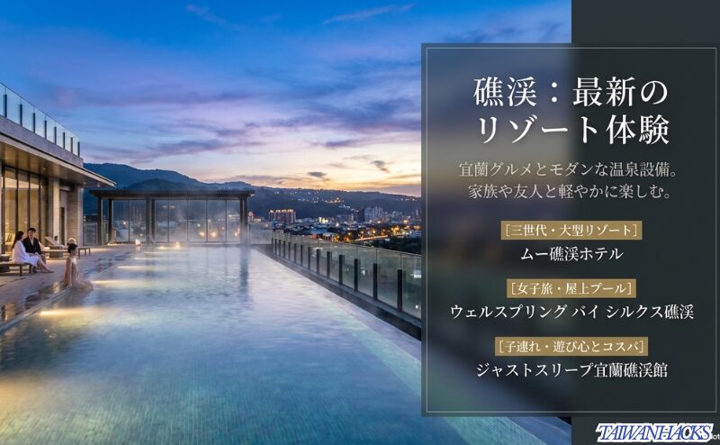 礁渓は宜蘭グルメとモダンな温泉設備を楽しめるエリアで、ムー礁渓ホテル、ウェルスプリング バイ シルクス礁渓、ジャストスリープ宜蘭礁渓館を紹介するスライド