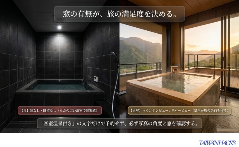 窓なし眺望なしの客室風呂と、マウンテンビューやリバービューの客室風呂を比較し、予約前に写真と窓を確認すべきだと示すスライド