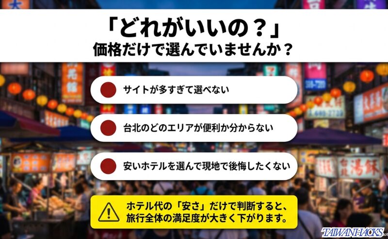 予約サイトが多すぎる、台北のエリアが分からない、安いホテルで後悔したくないという読者の悩みを整理した図。