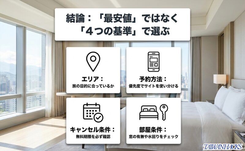 台湾ホテルを最安値だけで選ばず、エリア、予約方法、キャンセル条件、部屋条件で判断する流れを整理した図。