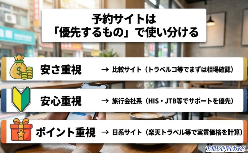 安さ重視、安心重視、ポイント重視の3タイプに分けて、比較サイト、旅行会社系、日系サイトを選ぶ考え方を整理した図。