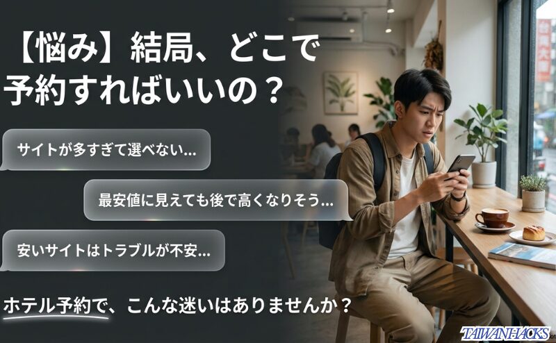 台湾ホテル予約で、サイトの多さや表示価格、安いサイトへの不安に迷う読者心理を整理した図。
