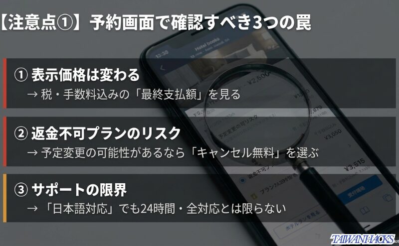 表示価格の変動、返金不可プラン、サポート対応の限界など、予約画面で確認したい注意点をまとめた図。