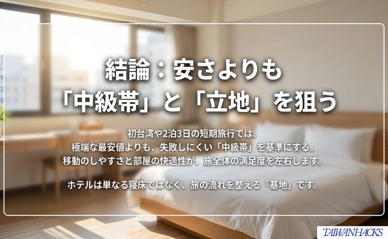 初台湾や2泊3日の短期旅行では、最安値よりも中級帯と立地を重視する考え方をまとめた図。