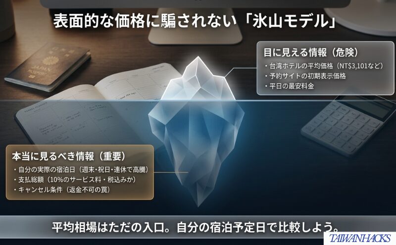 平均価格や初期表示価格だけでなく、宿泊日、支払総額、キャンセル条件を見る重要性を氷山モデルで整理した図。