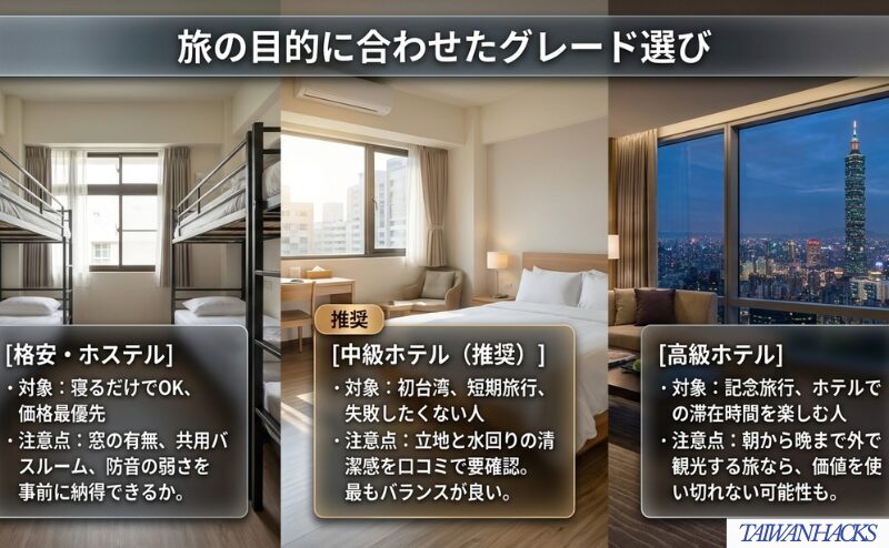 格安ホテル、中級ホテル、高級ホテルの向いている人と確認ポイントを、旅の目的別に整理した図。