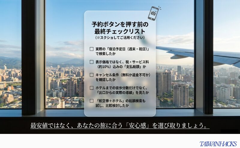 宿泊予定日、支払総額、キャンセル条件、駅からの導線、航空券＋ホテルの総額比較を確認するチェックリスト。