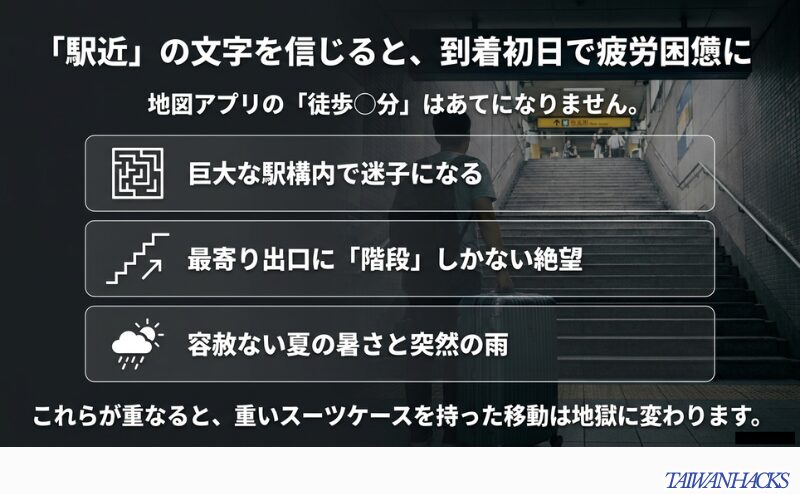 駅近表記だけでホテルを選ぶと、巨大な駅構内や階段、暑さや雨で移動負担が増えることを整理した図。