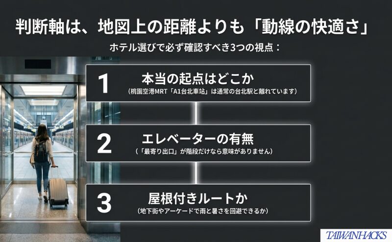 ホテル選びで確認したい起点、エレベーターの有無、屋根付きルートの3つの視点をまとめた図。