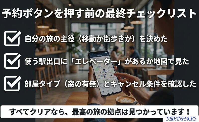 旅の主役、駅出口のエレベーター、部屋タイプとキャンセル条件を予約前に確認する流れをまとめた図。